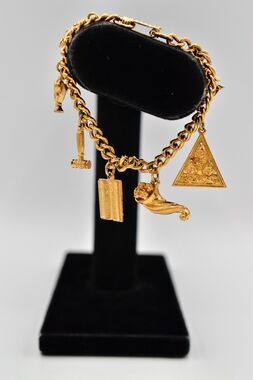 Ora Vintage Charm Bracelet Dangle Bird Bible Crown Gold Tone Signed 1940s BinO